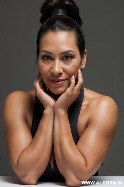 Bigger forearms, full-length portrait photo of a strong woman, nude, showing her forearms, zoom out, curvy, whole body, low camera angle, mid 30s, ponytail, looking at the camera, whole body image. - ai-porn.ai on pornintellect.com