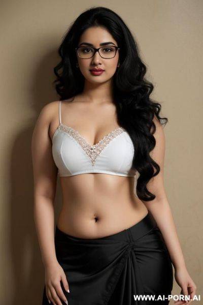 Saree, pale skin, cute, beautiful, indian woman, navel, flashing navel, round glasses, chubby, background ((wall)) - ai-porn.ai - India on pornintellect.com