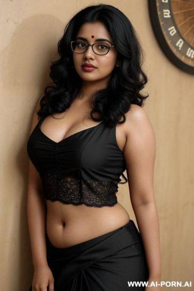 Big eyes, saree, skin, , beautiful, indian woman, navel, flashing navel, round glasses, chubby, background ((wall)) - ai-porn.ai - India on pornintellect.com