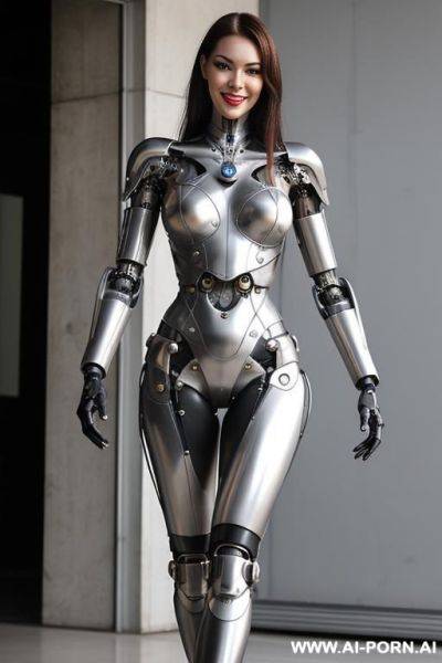 Realistic beautiful cyborg robot woman completely made of metal-latex skin long legs with boots. - ai-porn.ai on pornintellect.com