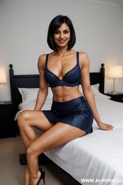 Indian, fit, abs, muscular arms, big ass, tall, long legs, navel piercing, navy blue noodle bra, navy blue pleat skirt, looking at camera, full body, stiletto, in bedroom, sitting, legs open - ai-porn.ai - India on pornintellect.com