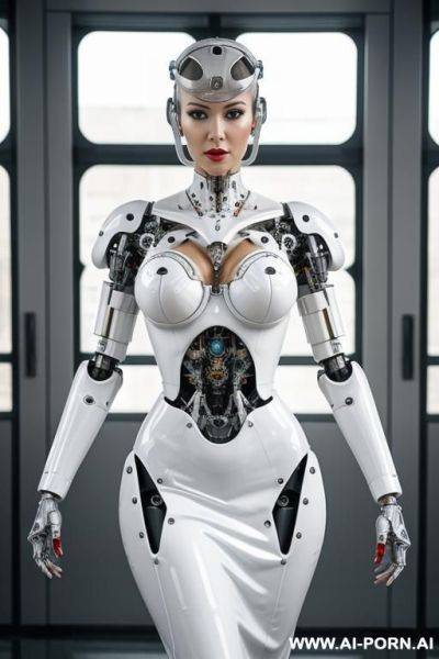 Wonderful detailed real cyborg robot with no hands , with a loose white dress in latex - ai-porn.ai on pornintellect.com