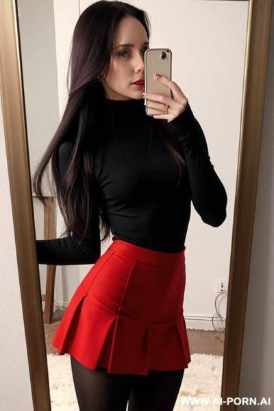 Woman, long hair, short red skirt, fitted turtleneck, tights, selfie, photo in the mirror - ai-porn.ai on pornintellect.com