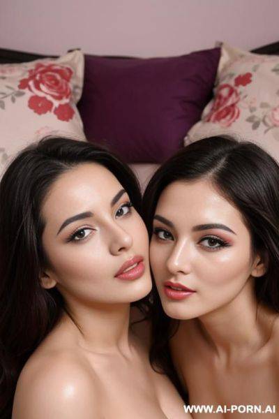 Twin gorgeous sisters with flowered top kissing each other in the bedroom with cum on hair and face, full view - ai-porn.ai on pornintellect.com