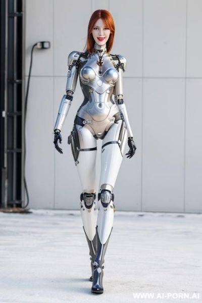 Realistic beautiful cyborg robot woman completely made of latex wa white long legs with boots. - ai-porn.ai on pornintellect.com