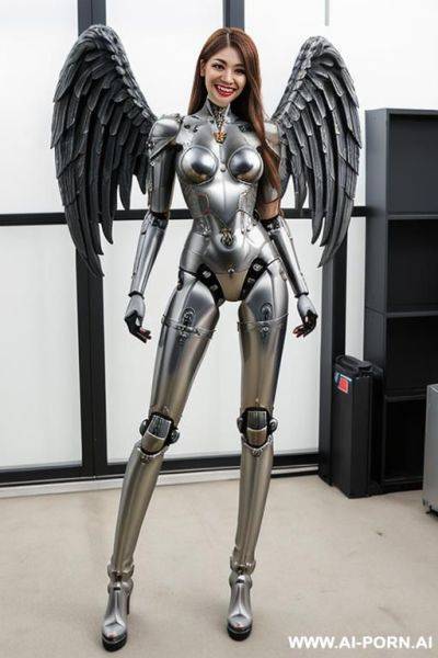 Realistic beautiful angel cyborg robot woman completely made of metal with long legs with boots. - ai-porn.ai on pornintellect.com