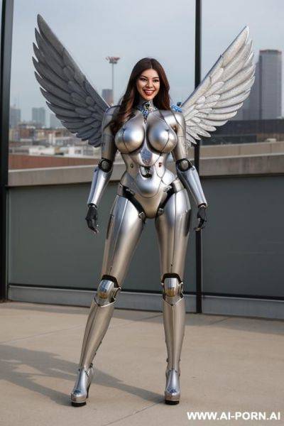 Realistic beautiful angel cyborg robot woman big boobs completely made of metal with long legs with boots. - ai-porn.ai on pornintellect.com
