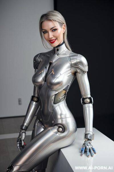 Realistic beautiful cyborg robot woman completely made of silver metal-latex skin long legs with boots. - ai-porn.ai on pornintellect.com