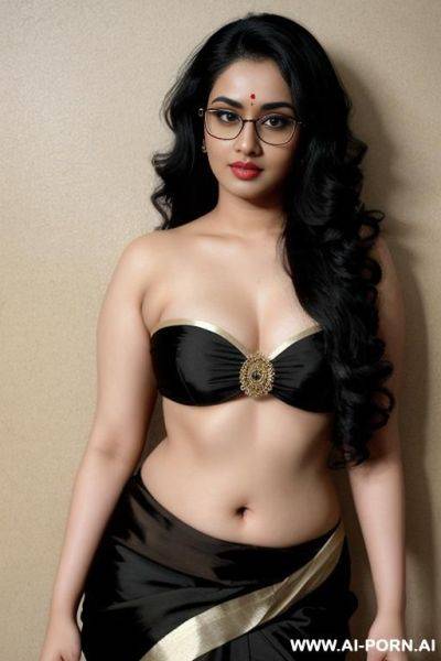 Pale skin, cute, beautiful, indian woman, flashing navel, round glasses, chubby, saree, background ((wall)) - ai-porn.ai - India on pornintellect.com