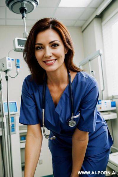 (nurse) (scrubs) (close up) (smiling) (bending down) (hospital) - ai-porn.ai on pornintellect.com