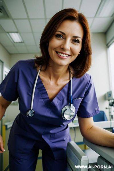 (doctor) (scrubs) (close up) (smiling) (bending down) (hospital) - ai-porn.ai on pornintellect.com