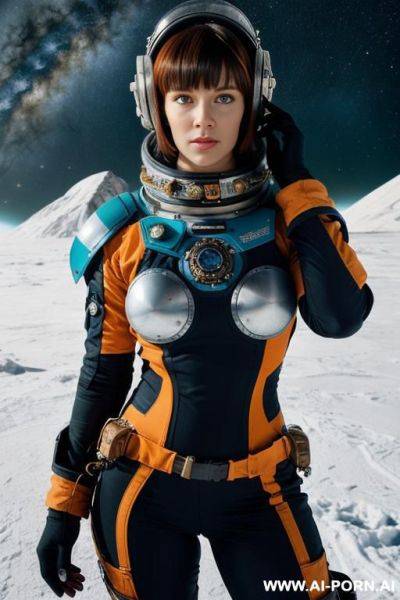 Woman in a steampunk space suit, bangles, short bob hair, messy blue hair, holding a space helmet, nordic scenery, snowy mountain with a wrecked space ship, orange with red lines and black letters - ai-porn.ai on pornintellect.com