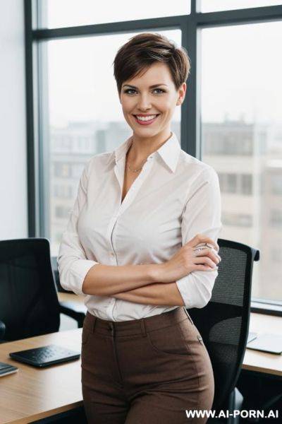 Short german woman, late 20s, pixiecut, , grinning, brown hair, standing in office - ai-porn.ai - Germany on pornintellect.com