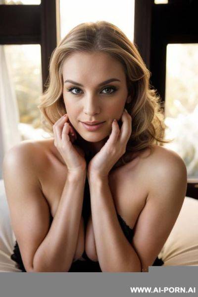 Sexy blonde haired woman, fair skin, with natural breasts, totally naked, sitting in front of a fireplace, spreading her legs, holding her hands above her head, showing her breasts and nipples, looking seductive. - ai-porn.ai on pornintellect.com