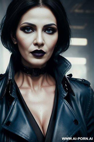 (close up) (goth woman) (pallid skin) (blue eye tint) (short black trench coat) (cyberpunk city) mature face - ai-porn.ai on pornintellect.com