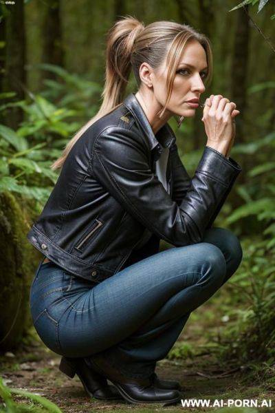 Slender german woman, ponytail, squatting in undergrowth, waste, hands on knees,, jeanspants, jacket, side-view - ai-porn.ai - Germany on pornintellect.com