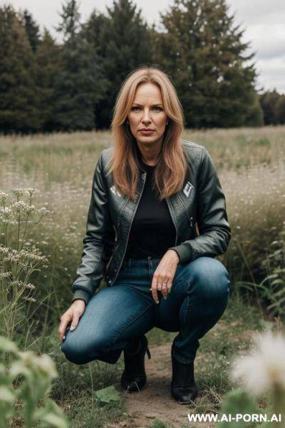 Slender german woman, squatting in weeds,, jeanspants, jacket - ai-porn.ai - Germany on pornintellect.com
