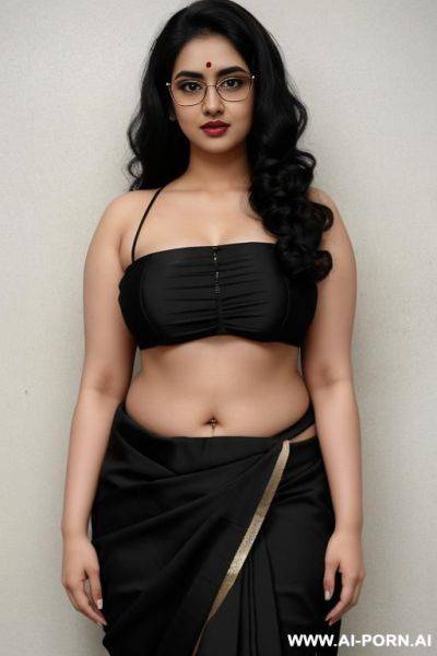 Big eyes, round face, saree, pale skin, big boobs, cute, beautiful, indian woman, navel, flashing navel, round glasses, chubby, background ((wall)) - ai-porn.ai - India on pornintellect.com
