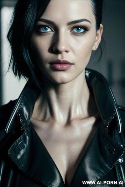 (close up) (cyberpunk woman) (pallid skin) (blue eye tint) (open short black trench coat) (cyberpunk bedroom) - ai-porn.ai on pornintellect.com