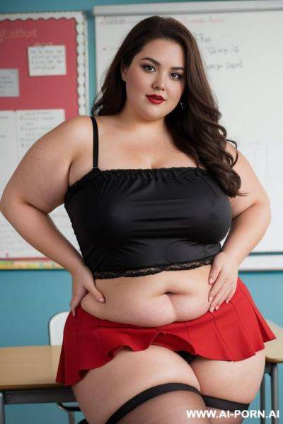 Close up full body photo shot, about at classroom, chubby fat bbw curvy teacher, wearing a sexy and hot micro red ruffle skirt and elegant top, teaching to the classroom. - ai-porn.ai on pornintellect.com