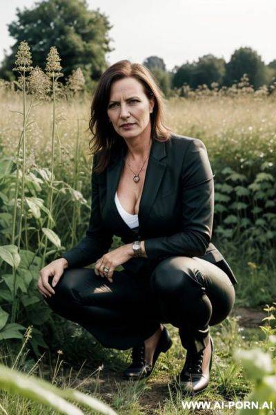 German woman, edgy chin, squatting in weeds, pants - ai-porn.ai - Germany on pornintellect.com