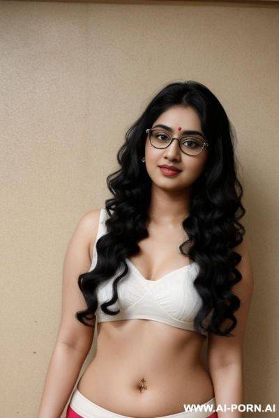 Very cute, big eyes, saree, pale skin, cute, beautiful, indian woman, navel, flashing navel, round glasses, chubby, background ((wall)) - ai-porn.ai - India on pornintellect.com