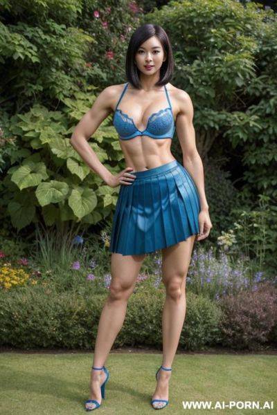 Korean, short hair, fit, abs, muscular arms, big ass, tall, long legs, navel piercing, blue bra, blue pleat skirt, looking at camera, full body, stiletto, in garden - ai-porn.ai - North Korea on pornintellect.com
