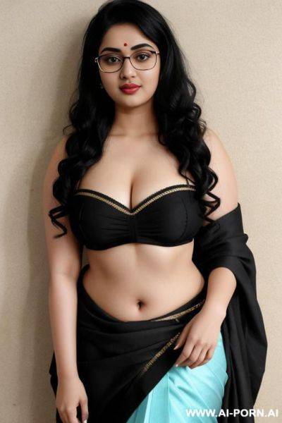 Big eyes, round face, saree, pale skin, flashing boobs, cute, beautiful, indian woman, navel, flashing navel, round glasses, chubby, background ((wall)) - ai-porn.ai - India on pornintellect.com