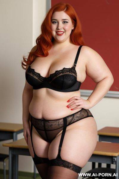 Half body photo shot, about at classroom, very fat bbw ((thick and obese)) with love handless and tummy, wearing a sexy and hot red lace stocking lingeries and a microskirt - ai-porn.ai on pornintellect.com