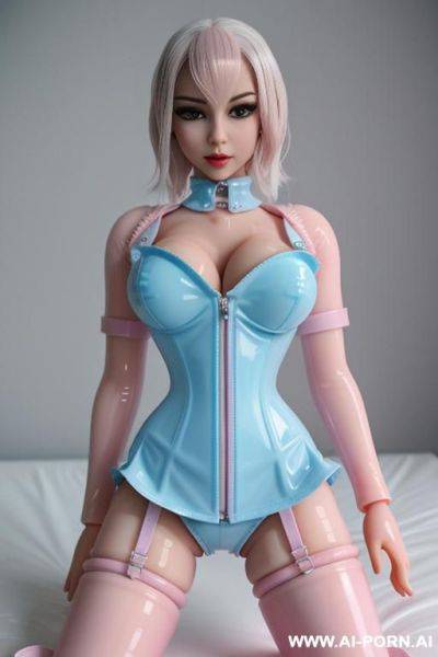 Perfect manga bimbo, seamless latex corset, exposed pussy, pink latex bed, riding pose, closeup on face, light blue rubberdoll, ((sexdoll)), latex bimbo, rubber puppet, full body visible, wet body, (((wet latex))) - ai-porn.ai on pornintellect.com