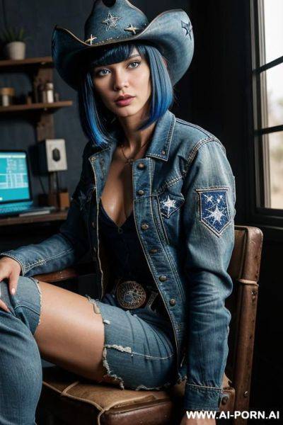 (close up) (cyberpunk woman) (black hair) (pallid skin) (blue eye tint) (leaning back in chair) (legs spread) (dark room with computers) - ai-porn.ai on pornintellect.com