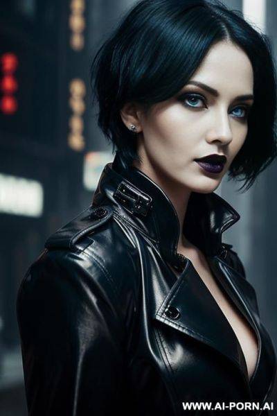 (close up) (goth woman) (pallid skin) (blue eye tint) (short black trench coat) (cyberpunk city) - ai-porn.ai on pornintellect.com