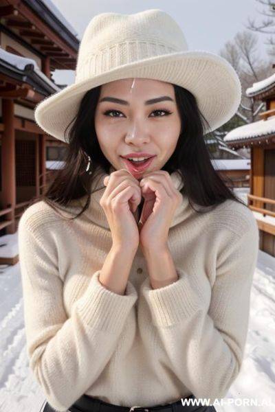 (((facial cumshot))), staring, turtleneck beige sweater, woolen white hat, outdoor, snow is falling, full shot view, front view - ai-porn.ai on pornintellect.com