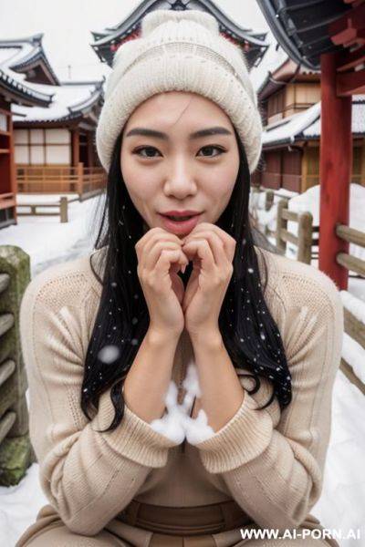 (((facial cumshot))), straight face, staring, turtleneck beige sweater, white knitted hat, outdoor, (snow is falling), full shot view, front view - ai-porn.ai on pornintellect.com