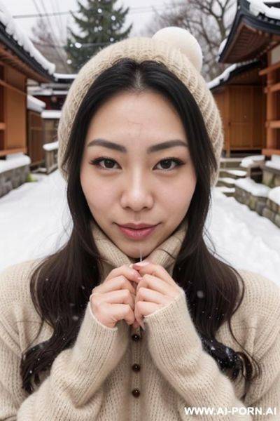 (((facial cumshot))), staring, turtleneck beige sweater, woolen hat, woolen gray gloves, outdoor, snow is falling, full shot view, front view - ai-porn.ai on pornintellect.com