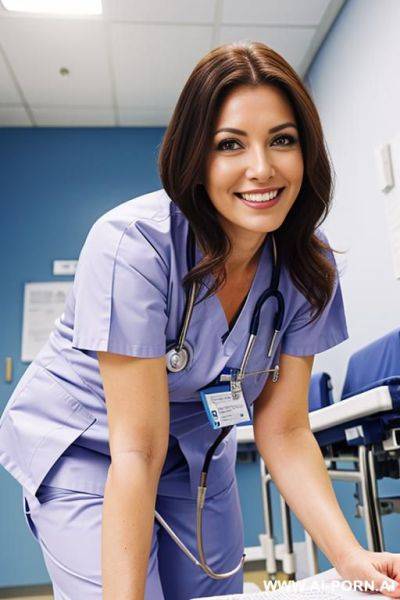 (nurse) (scrubs) (close up) (smiling) (bending down) (exam room) - ai-porn.ai on pornintellect.com