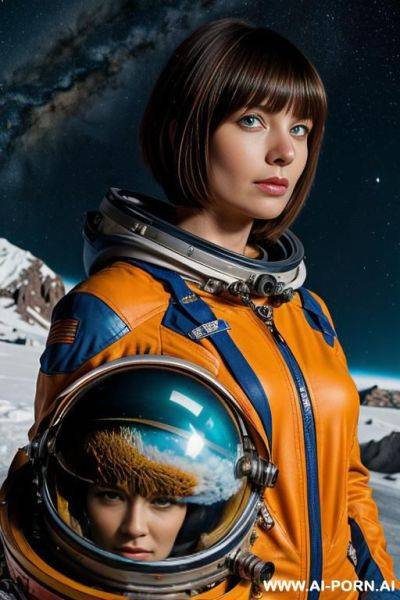 Woman in a steampunk space suit, bangles, short bob hair, messy blue hair, holding a space helmet, nordic scenery, snowy mountain with a wrecked space ship, orange with red lines and black letters - ai-porn.ai on pornintellect.com