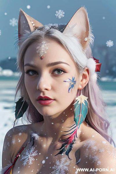 Face, sexy, beautiful, ((face painting)), ((bikini as seashell)), ((tattoo roses)), ((eyes shw)), ((angel wings)), ((rainbow hair)), ((long bu hair)), ((wind)), (( cat face)), (( cat ears)), (((feather - ai-porn.ai on pornintellect.com