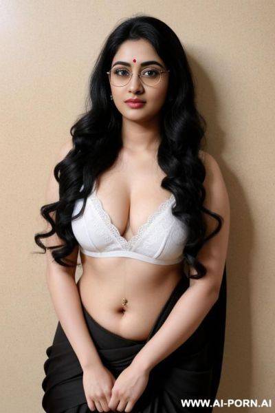Big eyes, round face, saree, pale skin, cute, beautiful, indian woman, navel, flashing navel, round glasses, chubby, background ((wall)) - ai-porn.ai - India on pornintellect.com