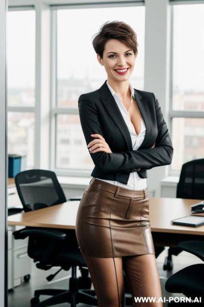 Short german woman, late 20s, pixiecut, , grinning, brown hair, standing in office - ai-porn.ai - Germany on pornintellect.com