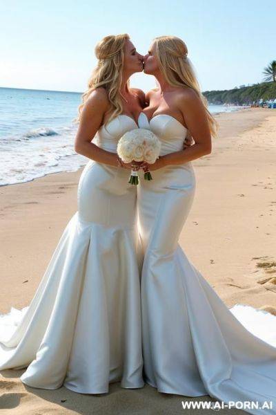Two hot blonde moms in wedding dresses kissing - ai-porn.ai on pornintellect.com