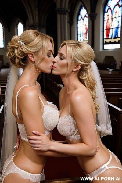 Two gorgeous blonde twins with bride lingerie kissing each other in the church - ai-porn.ai on pornintellect.com