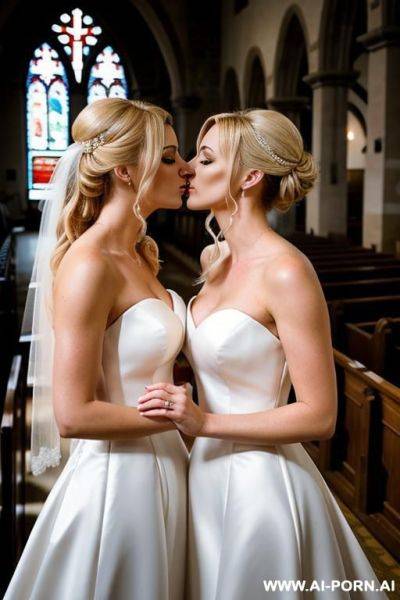 Two gorgeous blonde twins with bride dresses kissing each other in the church - ai-porn.ai on pornintellect.com
