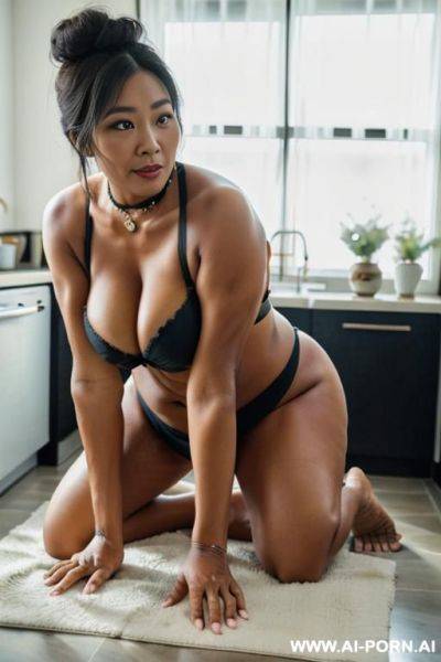 Obese matured very old black gilf, very fat, very large hips, very plump, extra thicc, wrinkles, wrinkled skin, aging marks, hair bun, french maid outfit, french maid, maid, soubrette, extremely gigantic boobs, choker, perfect eyes, kitchen, waist shot - ai-porn.ai - France on pornintellect.com