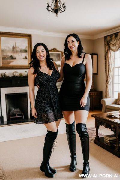 Two beautiful women, mother (mid 30s) and woman (1), wearing sundresses, black stockings and riding boots, smiling, in a mansion - ai-porn.ai on pornintellect.com