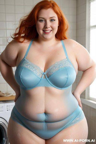 Half-length photo, half body close up, as a set in the laundry area, a ((obese)) fat chubby fat thick and bbw redhead british, she is washing clothes and is soaked in foamy water. she has - ai-porn.ai - Britain on pornintellect.com