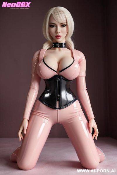 Perfect manga bimbo, seamless latex corset, exposed boobs, pink latex bed, kneeling pony pose, closeup on face, rubberdoll, sexdoll, latex bimbo, rubber pupped, full body visible, wet body, wet latex - ai-porn.ai on pornintellect.com