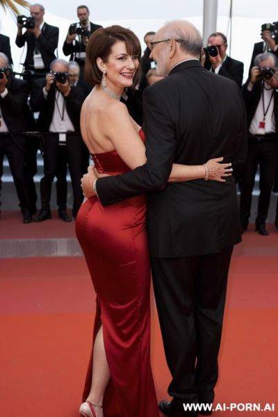 Red satin dress, necklace, earrings, bracelet, 1 old man in tuxedo, side view - ai-porn.ai on pornintellect.com