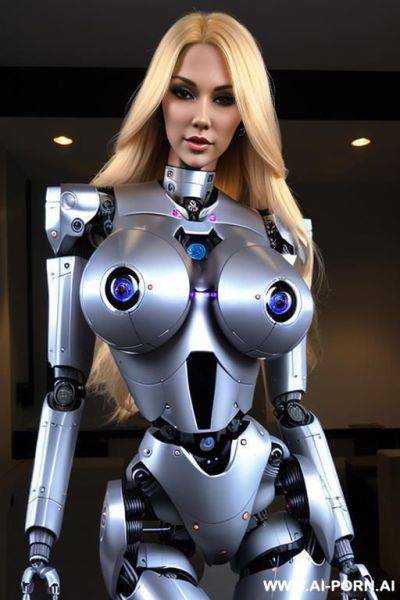 Sexbot, full body view, long blonde hair, pretty face, (fully robotic body, fit body, shapely body, huge firm robotic tits:1.3) - ai-porn.ai on pornintellect.com