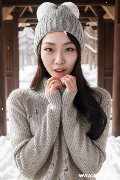 (((facial cumshot))), staring, turtleneck gray sweater, white knitted hat, snow is falling, full shot view, front view - ai-porn.ai on pornintellect.com